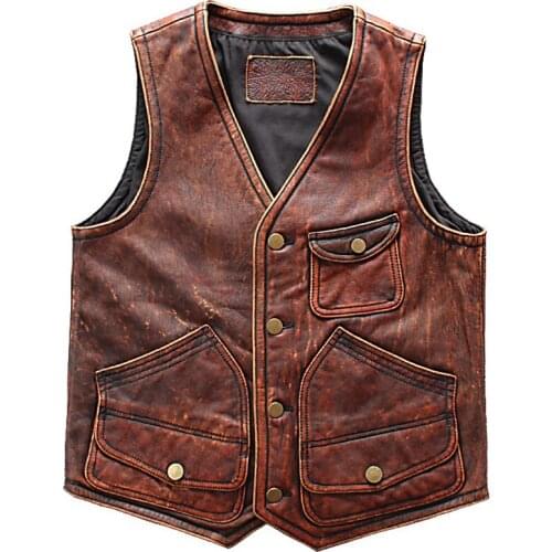 Genuine Leather Waistcoat Vest Coat Men Oversized Cowhide Mens Weskit Slim Fit Big and Tall Man Vest 4XL European and American