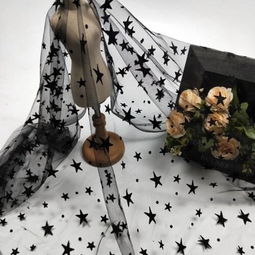 150cm Wide White Flocked Stars Mesh Tulle Fabric High Quality Bridal Dress Wedding Decoration Girls' Skirt Net Fabric Black