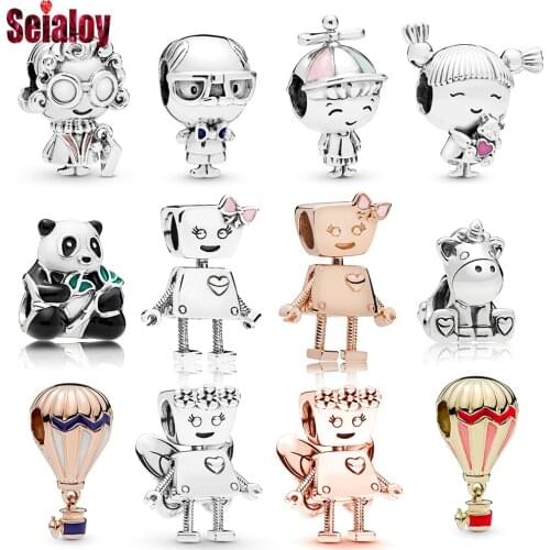 2Pcs Panda Hot Air Balloon Unicorn Flower Fairy Bella Grandma Boy Girl Beaded Fit Original Brand Bracelet Bangle Necklace