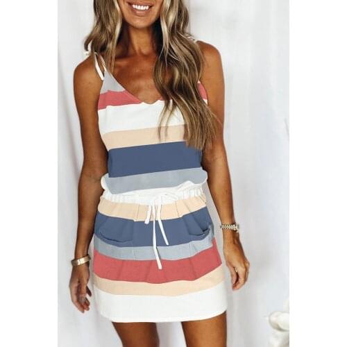 2021 Women Sexy Summer Dress Spaghetti Strap Striped Colorblock Drawstring Dress Chic Sleeveless Mini Skirts Daily Ware