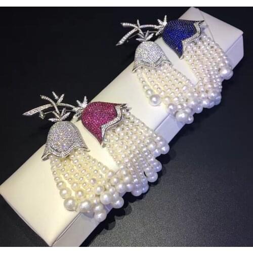 Natural fresh water pearl tassels brooch pins 925 sterling silver with cubic zircon convallaria majalis brooch fashion jewelry