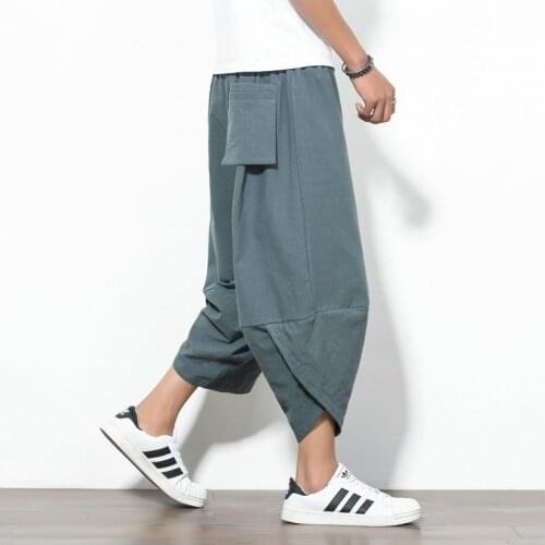Summer Men 100% Cotton Harem Pants Shorts Chinese style Casual Hip Hop Streetwear Drawstring Beach Cropped Pants Large Size 5XL