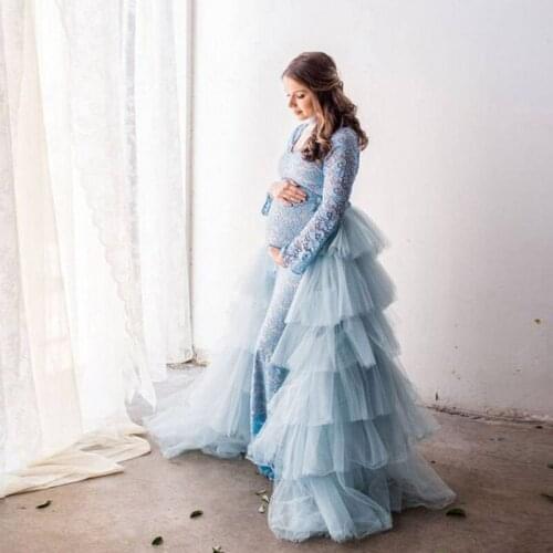 Photo Shot Dusty Blue Tulle Skirt Layered High Waist jupe femme faldas Long Tiered Tulle Skirt Pregnant Female Maxi Tulle Skirts