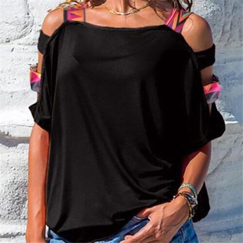 Hot Sale Women Bare Shoulder T Shirt New Vintage Boho Print Cold Shoulder Tunic Loose T-shirt Pure Color Short Sleeve Tees Tops