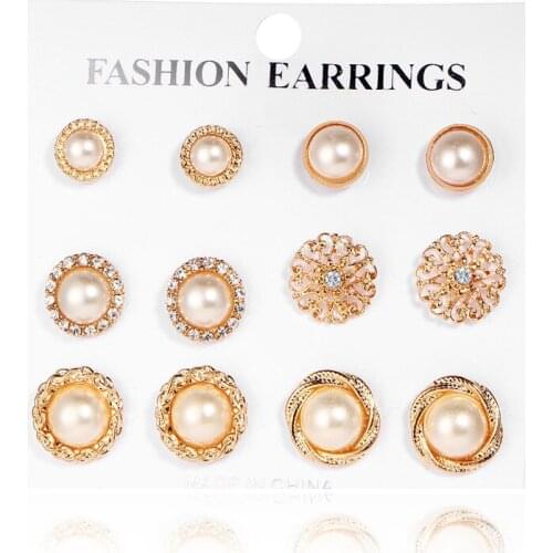 Fuyo Gold Color Flower Hollow Stud Earring Vintage Crystal Simulated Pearl Earrings Set For Women Wedding Jewelry 6 Pairs/Set