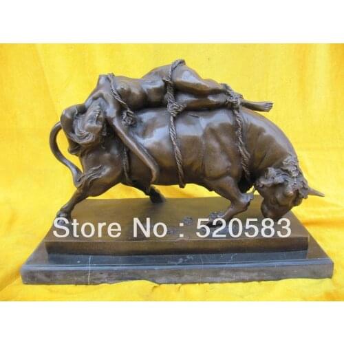 Classical Retro bronze art sculpture a nude women cord bind on bull ox statue
