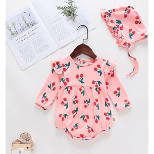 New Born Baby Clothes Baby Girl Rompers 2pcs Sets Long Sleeve Cherry Printed Romper+hat Cute Winter Autumn Spring Outfit 6-24M