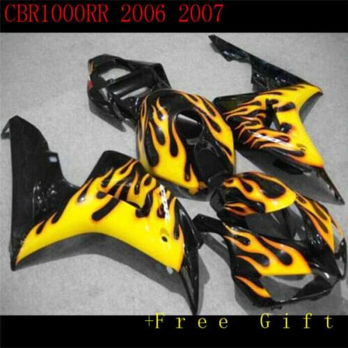 Molding ABS fairings set for 2006 2007 CBR1000RR aftermarket 06 07 CBR 1000 RR yellow flames in black fairing kit ST66