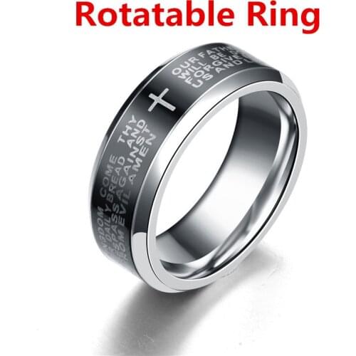 MANGOSKY 8mm English Serenity Bible Prayer Cross Stainless Steel Rings For Men Wedding Ring Engagement Rotatable Ring