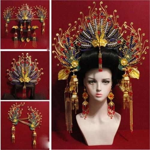Newest Gorgeous Red Blue Cloisoness Empress Tiara Ancient Chinese Princess Bride Wedding Hair Tiara Cosplay Photography TV play