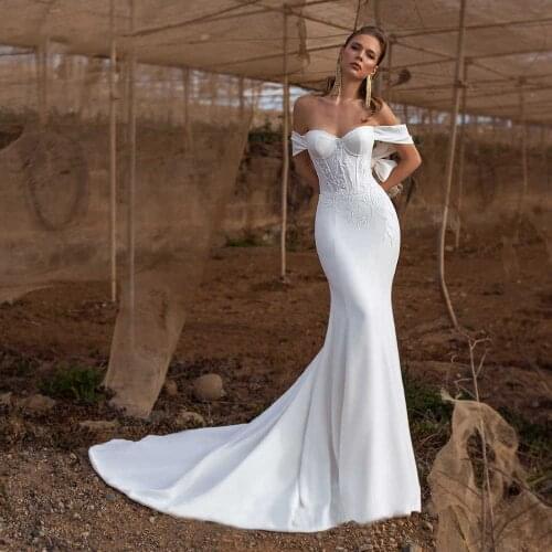 Sexy Wedding Dresses Jersey Pleat Appliques Sweetheart Off-Shoulder Lace Up Mermaid Bridal Gowns Novia Do 2021