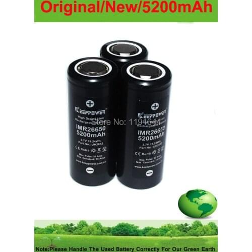 3PCS/lot original Keeppower 3.7V IMR 26650 5200mah max 30A discharge battery+Free shipping
