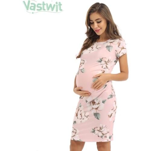 Women Maternity Floral Short Sleeve Bodycon Dresses Pregnancy Clothes Summer Casual Ruched Sides Knee Length Dress for Pregnant