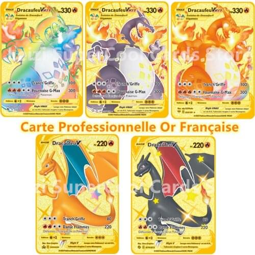 Pokemon Flash Gold Card Metal Fire-breathing Dragon French PV Metal Rare Card Fire-breathing Dragon Game Battle Collection Card
