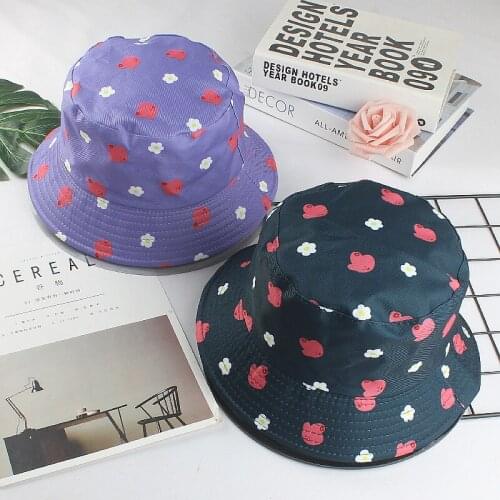 Hat Women Flower Print Sweet and Cute Casual Pot Hat Tide Small Eave Double-sided Fisherman Hat Fashion Bucket Hat