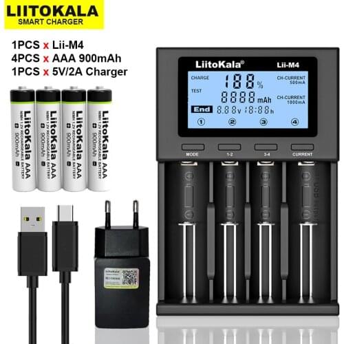 LiitoKala Lii-M4 18650 li-ion battery Smart Charger Test capacity + 4pcs AAA 1.2V NiMH 900mAh Rechargeable batteries 5V 2A plug
