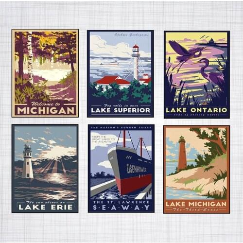 Nordic Vintage Travel Cities Poster Great Lakes Lighthouse Michigan Landscape Art Canvas Painting Wall Pictures Home Decor