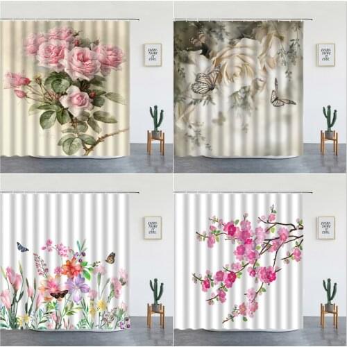 Flowers Butterfly Waterproof Shower Curtains Spring Scenery Watercolor Floral Bathroom Curtain Bathtub Decor Screen With Hooks