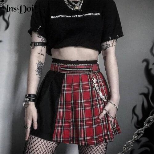 InsDoit Gothic Plaid Punk Grunge Skirt Women Patchwork Harajuku Pleated Skirt Chain Zipper Aesthetic Summer High Waist Skirts
