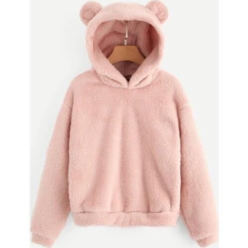 Womens Winter Hoodie Long Sleeve Fleece Sweatshirt Warm Bear Shape Fuzzy Hoodie Pullover Harajuku Military Female Jacket Coats