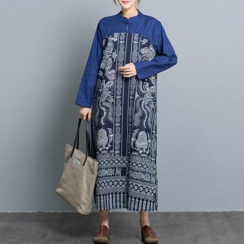 WomenS Clothing 2021 Chinese Style Plate Button Shirt Vestidos Sundress Female Long Sleeve Robe Vintage Print Maxi Dress 11548