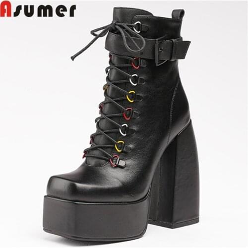 Asumer 2022 Newest Genuine Leather Shoes Women Ankle Boots Black Rome Shoes Top Quality Sexy Super High Heel Platform Boots Lady