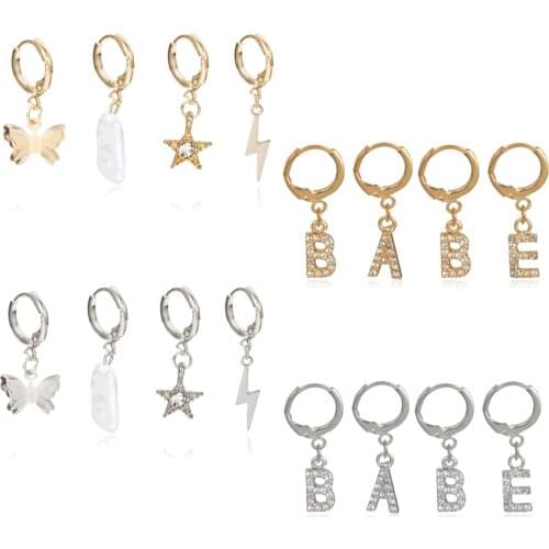 Boho Gold Color Mix Design Crystal Hoops Jewelry Butterfly Circle Star BABE Letters Pendant Earrings Set Women Alloy Ear Jewelry