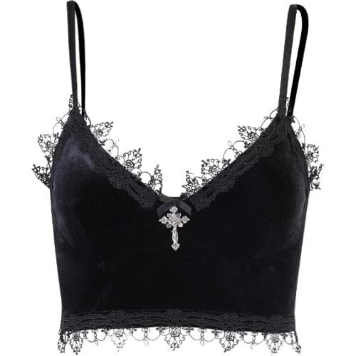 Coldker Velvet Y2K Mall Goth Crop Tops Black Lace Trim Emo Alternative Aesthetic Crop Tops Women Backless Sexy Strap Tanks