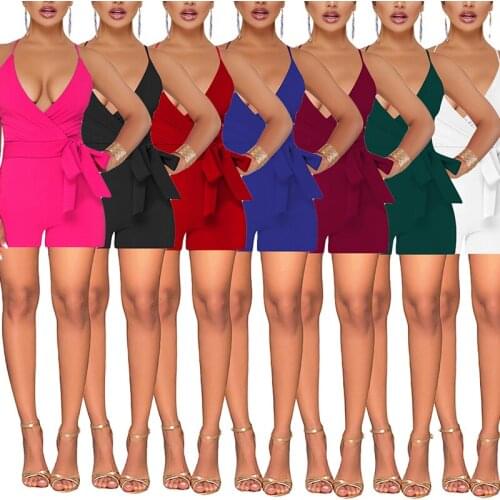 OMSJ Office Ladies Casual Fashion Spaghetti Strap Jumpsuit Shorts 2021 Summer V Neck Backless Sexy Solid Color Rompers Overalls