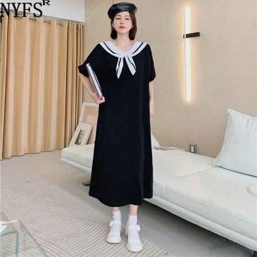 NYFS 2021 Korean New Loose Sailor Collar lotus leaf Woman Dress Vestidos Robe Elbise Fashion Short Sleeve Summer Dress