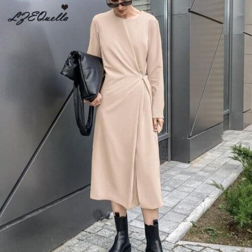 LZEQuella Women Solid O Neck Sashes Knitted Long Dress High Waist Office Lady Dresses Spring Autumn Female Vestidos NZ2782