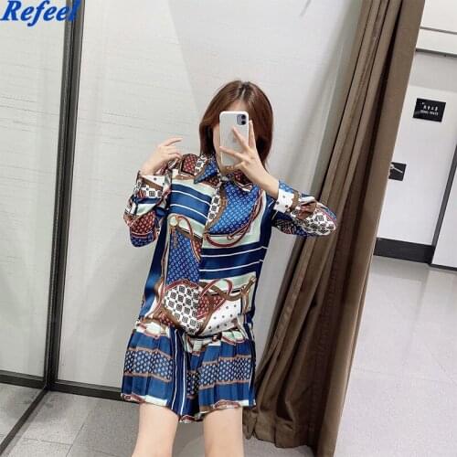 Women Vintage Patchwork Geometric Chain Print Hem Press Pleated Mini Shirt Dress Office Ladies Chic Court Vestido