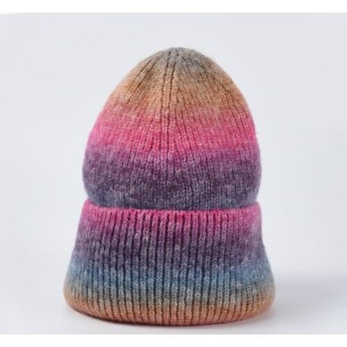 Korean Fashion Tie Dye Wool Beanies Women Autumn Winter warm gradient rainbow kniting hat lady travel warm Skullies Beanies