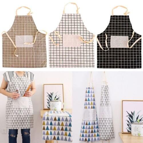 1 PC Plaids Striped Cotton Linen Aprons Cooking Chef Adjustable Bib Apron Dress with Pocket Household Cleaning Accessories