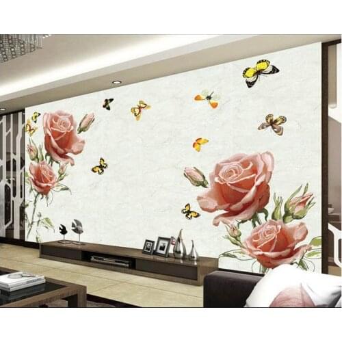 3d customized wallpaper wall 3d wallpaper Color carving roses butterfly ceramic tile background 3d wallpaper for room
