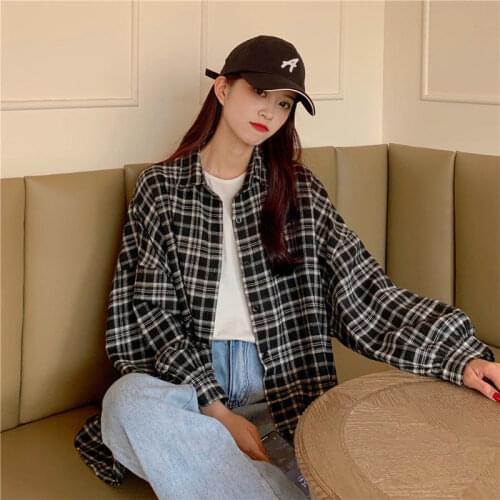 Blouse Women Shirt Autumn Loose Plaid Polo Collar Long Sleeve Coat Womens Clothing Blusas Mujer De Moda