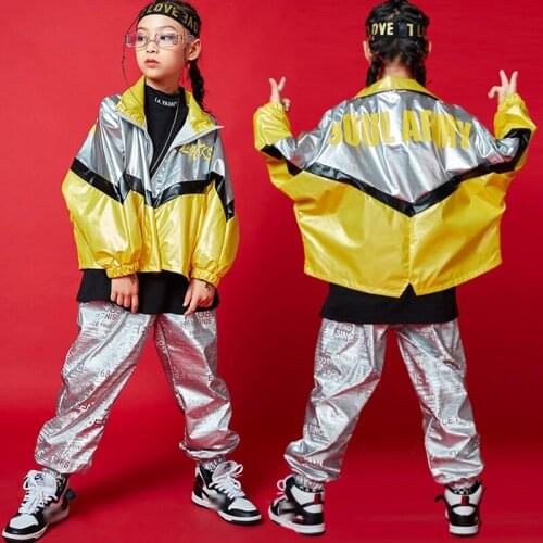 Children Hip Hop Costume Cool Jacket Silver Hip Hop Pants Boys Street Dance Wear Girls Jazz Long Sleeves Stage Outfit DNV14398