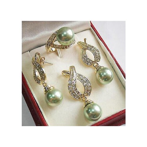 Hot sell -> Natural 12mm Green Sea Shell Pearl Pendant Necklace Earrings Ring Sets