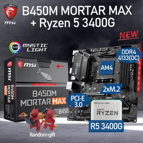 MSI B450M MORTAR MAX Motherboard Combo+AMD Kit Ryzen 5 3400G Set DDR4 64GB(OC) M.2 PCI-E 3.0 B450 Placa-mãe AM4 Desktop AMD B450