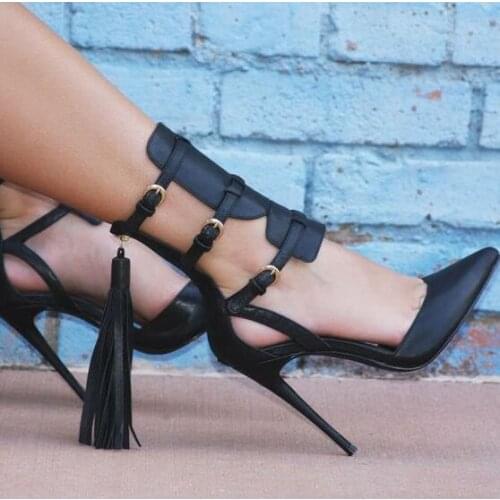 Hot 2017 Women Fashion Black Brown Blue Tassel Back Pointed Toe Buckle Thin Heels Mid-calf Sandals Boots Short Boots