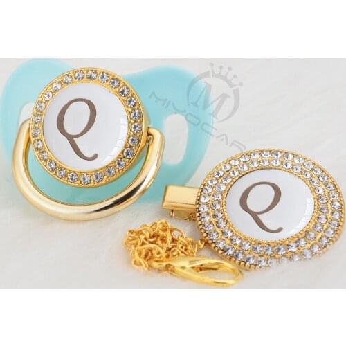 MIYOCAR name Initial letter Q lovely silver bling pacifier and pacifier clip BPA free dummy bling unique design LQ-W