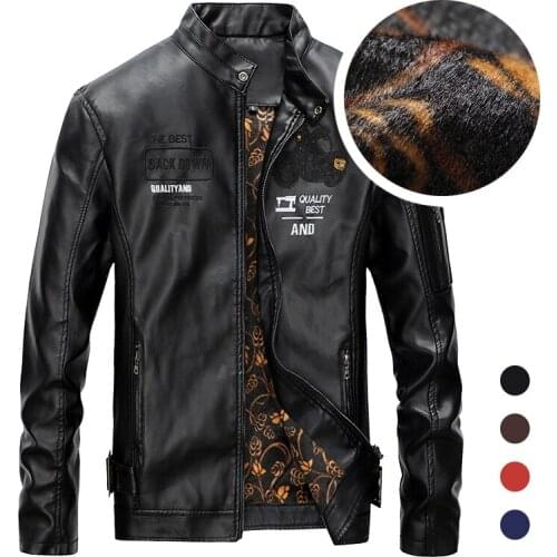 Men Trendy Fashion Embroidery Jacket 2020 Mens Plus Velvet Warm Bomber Leather Jacket Male Vintage Slim Pu Motorcycle Outwear