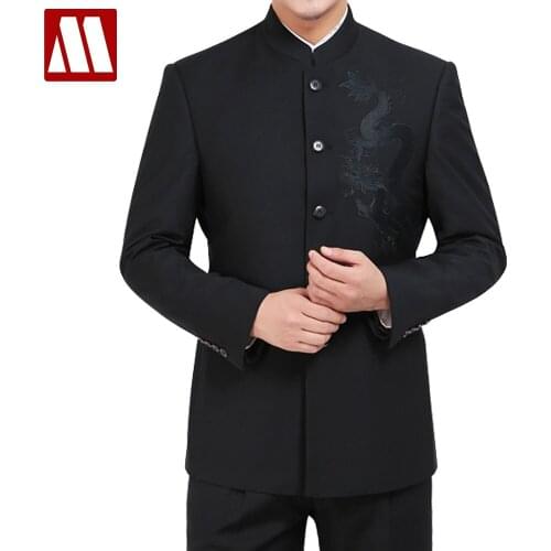 Mens Single Breasted Suits Embroider Dragon Suit Sets Fashion Chinese Tunic Suit Men Casual Black Blazers Jacket and Trousers