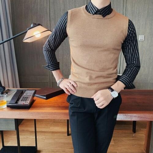 Fit Mens Slim All-match Fake 2-piece Sweater Striped Shirt Collar Knitted Vest Long Sleeve Top Korean Men Fashion Clothing