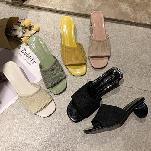 New Women Slides 5cm High Heels Weave Mules Summer Female Slipper Open Toe Green Sandals Lady Mesh Block Low Heels Chunky Shoes