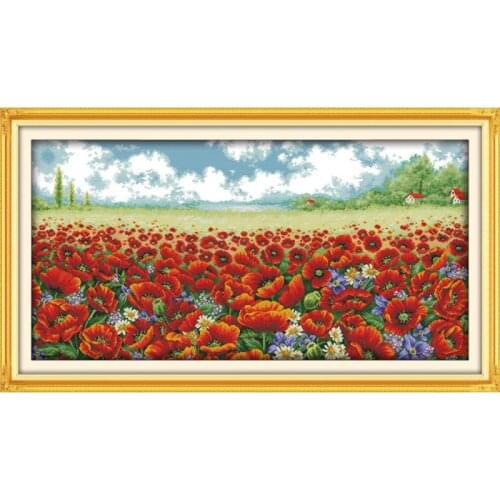 Patterned Cross Stitch Kit, DMC Cross Stitch, DIY Needlework, Flower Embroidery Kit, 14ct 11ct Poppy Sea Pattern Embroidery Kit