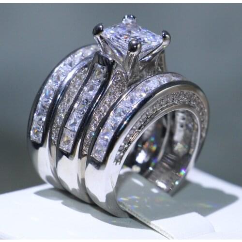 3pcs Luxury Jewelry 925 Sterling Silver Full Princess Cut White AAAAA Cubic Zircon Square CZ Party Women Wedding Bridal Ring Set