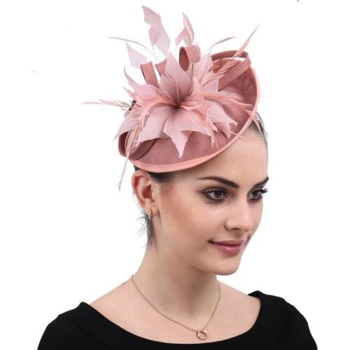 2019 New Style Bridal Wedding Small Feather Hat Pink Flax Flower Bow-knot Headband Wedding Hair Accessories Elegent Hairpin