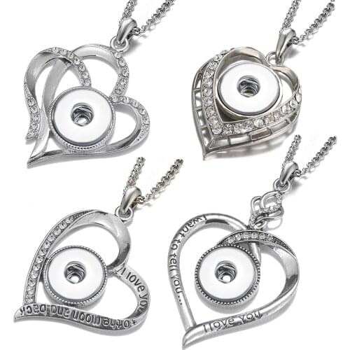 New Beauty Silver color Love Heart crystal snap pendant necklace fit 18mm snap buttons snap jewelry Valentines Gift