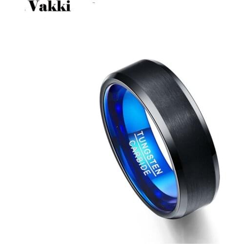 Vakki 8mm Width Wedding Band Tungsten Carbide Black Flat Frosted Surface + Blue Inner Ring Tungsten Steel Ring